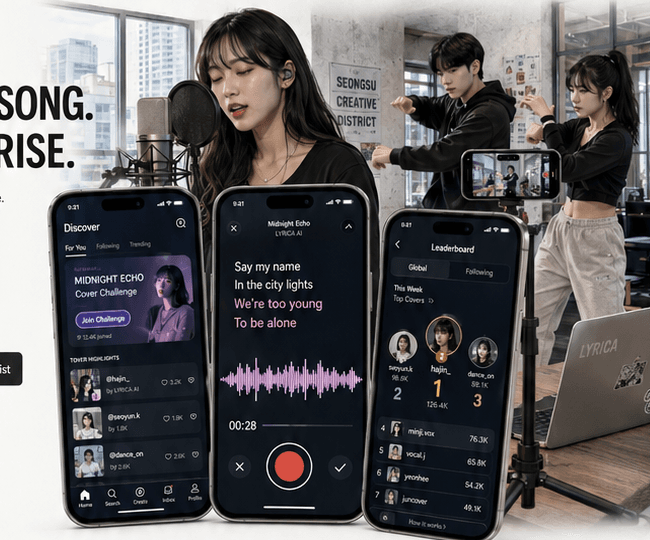 Lyrica creators recording and dancing, with the app shown on three phones.
