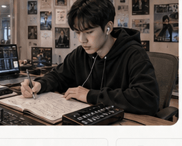 A creator writing beside audio equipment.